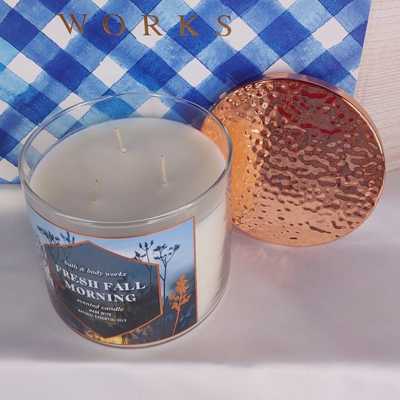 BATH & BODY WORKS HOME 'FRESH FALL MORNING' 3~WICK CANDLE HAMMERED COPPER TOP - Picture 5 of 13
